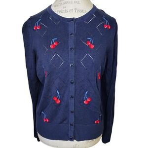 Charter Club Cherry Embroidered Cardigan Sweater Navy Blue Womens Large Twee